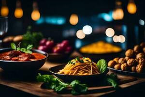 en tabell med pasta, köttbullar och grönsaker. ai-genererad foto