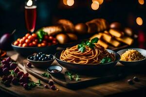 spaghetti med köttbullar, bröd och ost på en trä- tabell. ai-genererad foto