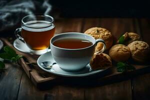 en kopp av te och kex på en trä- tabell. ai-genererad foto