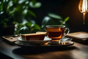 en kopp av te och en skiva av kaka på en trä- tabell. ai-genererad foto