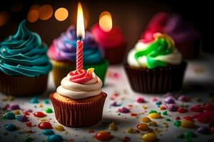 födelsedag ljus, cupcakes, och konfetti. ai-genererad foto