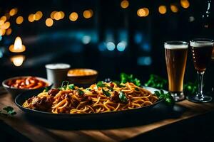 en tallrik av spaghetti och öl på en tabell. ai-genererad foto