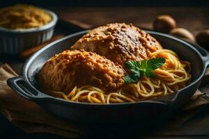 spaghetti och köttbullar i en panorera. ai-genererad foto