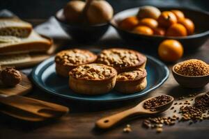 en tabell med bröd, muffins och Övrig mat. ai-genererad foto