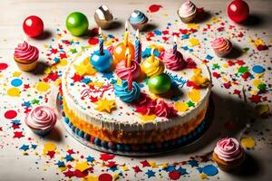 en födelsedag kaka med färgrik dekorationer på en trä- tabell. ai-genererad foto