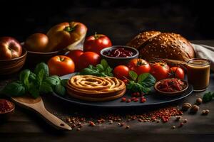 en tallrik av mat med bröd, tomater, och Övrig Ingredienser. ai-genererad foto