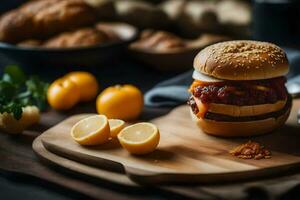 en hamburgare med ost och tomat på en trä- skärande styrelse. ai-genererad foto