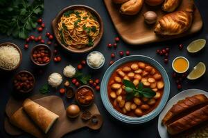 italiensk mat Ingredienser på en mörk bakgrund. ai-genererad foto