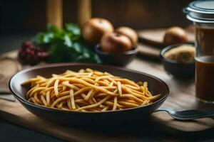 spaghetti i en skål på en trä- tabell. ai-genererad foto