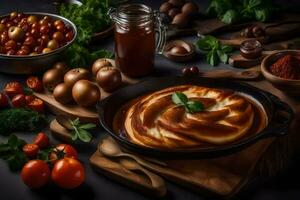 en panorera av mat med tomater, oliver och Övrig Ingredienser. ai-genererad foto