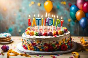 en födelsedag kaka med ljus och färgrik konfetti. ai-genererad foto