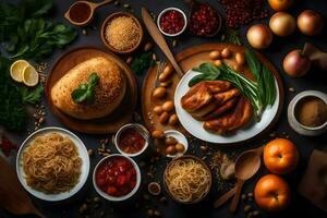 olika livsmedel Inklusive spaghetti, grönsaker och kryddor. ai-genererad foto