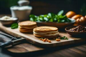 en trä- skärande styrelse med smörgåsar och Övrig mat. ai-genererad foto