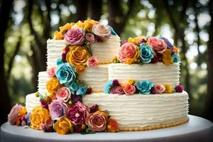en tre trött kaka med färgrik blommor på topp. ai-genererad foto