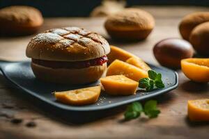 en smörgås med sylt och skivad persikor på en svart tallrik. ai-genererad foto
