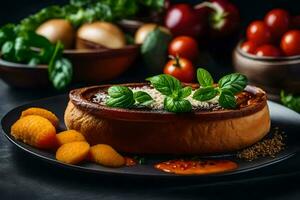 en tallrik av mat med tomater, oliver och basilika. ai-genererad foto