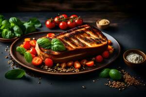 grillad lax på en tallrik med tomater och basilika. ai-genererad foto