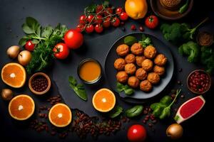 en tallrik av mat med apelsiner, tomater, och Övrig Ingredienser. ai-genererad foto