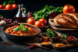 spaghetti med tomater, bröd och grönsaker på en svart tabell. ai-genererad foto