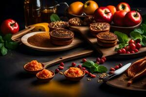 en tabell med olika livsmedel Inklusive äpplen, apelsiner, och kryddor. ai-genererad foto