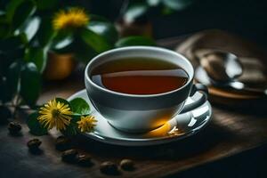 en kopp av te med maskros blommor på en trä- tabell. ai-genererad foto