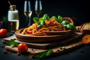 spaghetti med tomater och basilika löv i en trä- skål. ai-genererad foto