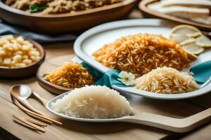 en tabell med skålar av ris, skedar och skedar. ai-genererad foto