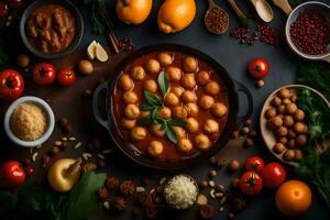 italiensk mat med köttbullar och grönsaker på en svart bakgrund. ai-genererad foto