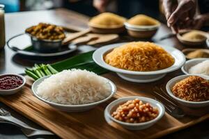 en tabell toppade med skålar av ris och Övrig maträtter. ai-genererad foto