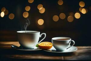 en kopp av te och en skiva av orange på en trä- tabell. ai-genererad foto