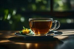 en kopp av te med en maskros blomma på en trä- tabell. ai-genererad foto