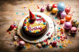 de födelsedag kaka är dekorerad med färgrik konfetti och ballonger. ai-genererad foto