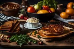 pannkakor, bröd, grönsaker och Övrig mat på en tabell. ai-genererad foto