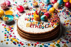 Lycklig födelsedag kaka med färgrik konfetti och ballonger. ai-genererad foto