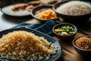 en tabell med skålar av ris, ärtor och Övrig livsmedel. ai-genererad foto