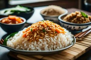 en tallrik av ris med grönsaker och Övrig maträtter. ai-genererad foto