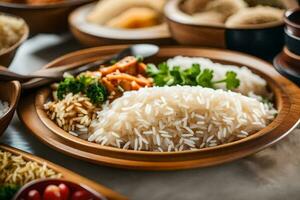 en mängd av ris maträtter är anordnad på en tabell. ai-genererad foto
