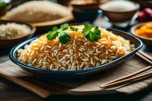 ätpinnar och ris i en skål. ai-genererad foto