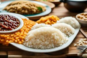 en tabell med ris, bönor, och Övrig mat. ai-genererad foto