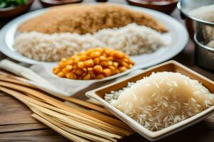 olika typer av ris och Övrig Ingredienser på en tabell. ai-genererad foto