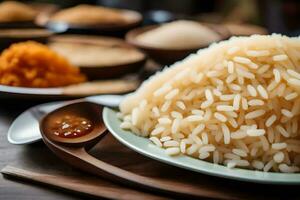 en tallrik av ris med en sked och Övrig skålar. ai-genererad foto