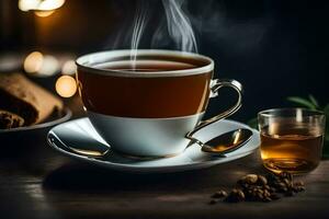 en kopp av te med en sked och en kopp av kaffe på en trä- tabell. ai-genererad foto