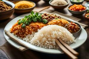 en tallrik av ris, bönor och Övrig maträtter på en tabell. ai-genererad foto