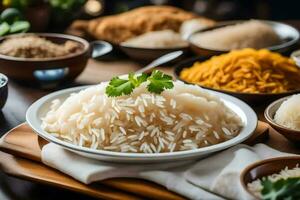 olika typer av ris på en trä- tabell. ai-genererad foto