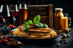 spaghetti med kött och grönsaker på en svart bakgrund. ai-genererad foto