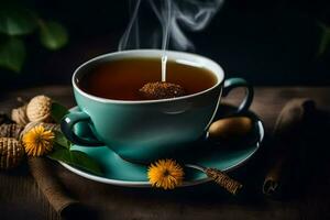 en kopp av te med en kanel pinne och en blomma. ai-genererad foto