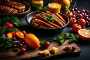 livsmedel på en svart tabell med bröd, frukt och grönsaker. ai-genererad foto