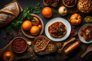 olika livsmedel på en tabell, Inklusive bröd, tomater, oliver och Övrig Ingredienser. ai-genererad foto