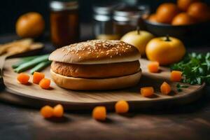 en hamburgare med morötter och apelsiner på en skärande styrelse. ai-genererad foto