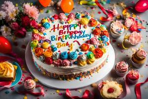 en födelsedag kaka med färgrik strössel och cupcakes. ai-genererad foto